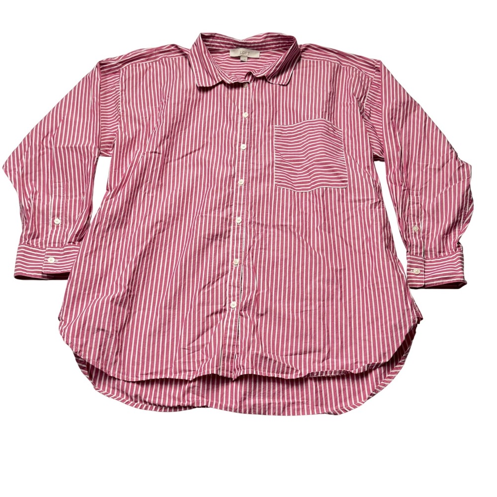 Loft Womens XL Button Down Shirt Pink White Striped Cotton Preppy Casual